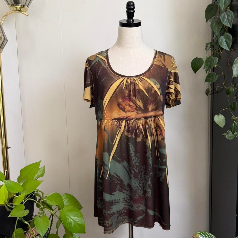 Notations Women XL Brown Gold Abstract Floral Y2K Baby Doll Tunic Top Boho